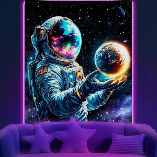 Miniatura 14 de Tapiz de galaxia con luz negra para dormitorio, espacio estético, cielo estrellado, estrellas, universo, telón de fondo, póster de luz negra