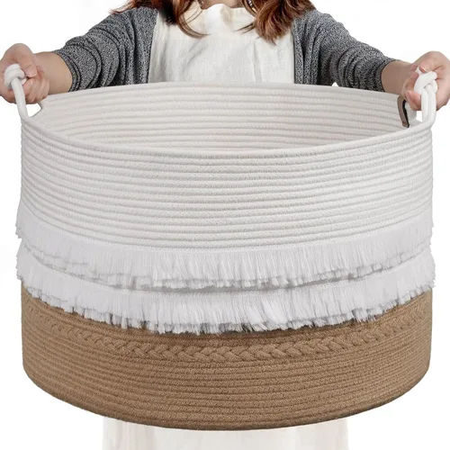 CherryNow Cesta grande de mimbre para lavandería, entrada, dormitorio, cestas decorativas de yute para ropa, juguetes, cesta de toalla para baño, 22