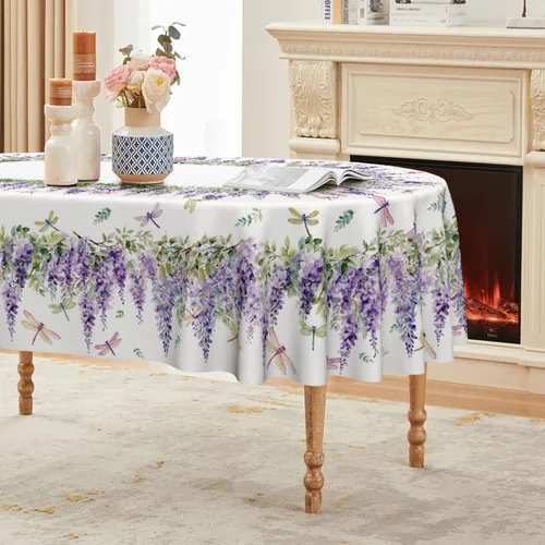 Miniatura 7 de Horaldaily Mantel rectangular de primavera de 52 x 70 pulgadas, hojas de libélula de glicina morada, lavable, para decoración de fiestas, pícnic