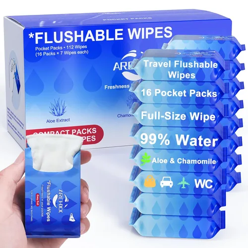 ARCHXX Toallitas desechables de viaje, 16 paquetes de viaje (112 unidades), paquete económico, 99% de agua con aloe y manzanilla, sin perfume e