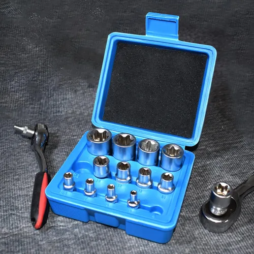 Miniatura 7 de E-Torx Juego de zócalos, 14 piezas hembra E-Torx Star Socket Set, 1/4" 3/8" 1/2" Drive, E4 a E24 Torque E Externo Juego de zócalos, 14pcs Star