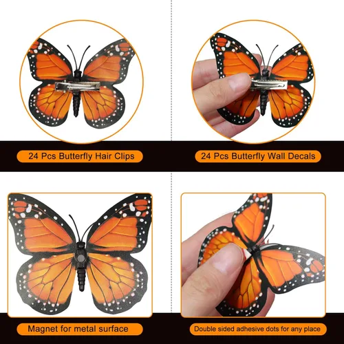 Miniatura 5 de Tcevily 144 decoraciones de mariposa monarca – 72 estacas, 36 pinzas para el pelo de mariposa, 36 calcomanías de pared para suministros de fiesta