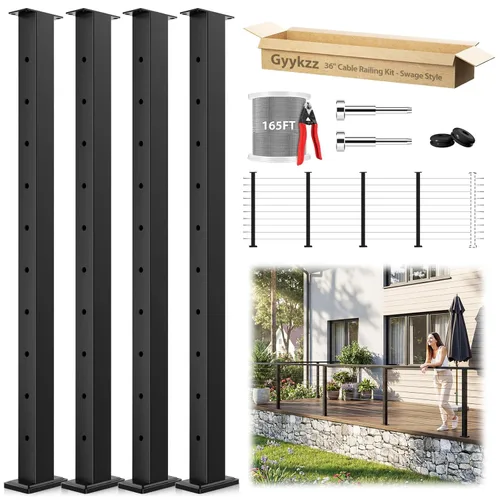 Miniatura 10 de Poste de escalera con barandilla de cable negro de 36 pulgadas con parte superior fija inclinada, poste de riel de alambre de acero inoxidable T304