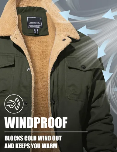 Miniatura 4 de MAGNIVIT Chaqueta cargo de algodón para hombre, chaqueta de trabajo con forro polar Sherpa de invierno con 5 bolsillos