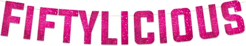 Miniatura 13 de Cartel Fiftylicious con purpurina negra preencordada, divertidas decoraciones de cumpleaños 50 y aniversario para hombres y mujeres, suministros