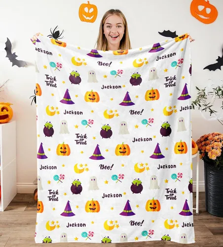 Miniatura 18 de Manta de Halloween personalizada con nombre, mantas de Halloween personalizadas para niños, Halloween personalizada para niños y niñas, bonita manta