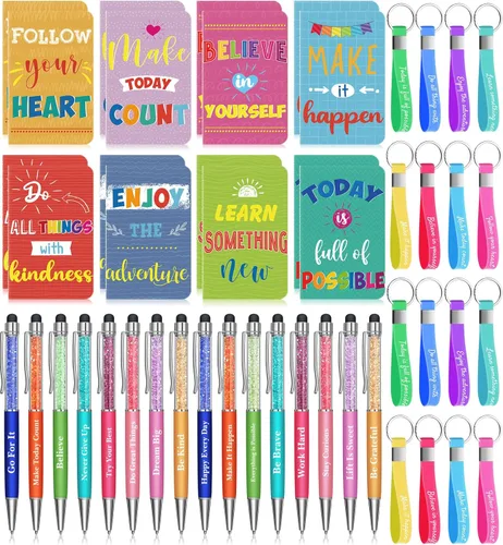 PerKoop 48 Piezas Regalos Inspiradores VBS Blocs de Notas a Granel de 3 x 5 Pulgadas, Bolígrafos Motivacionales, Llaveros a Granel, Lindos Cuadernos