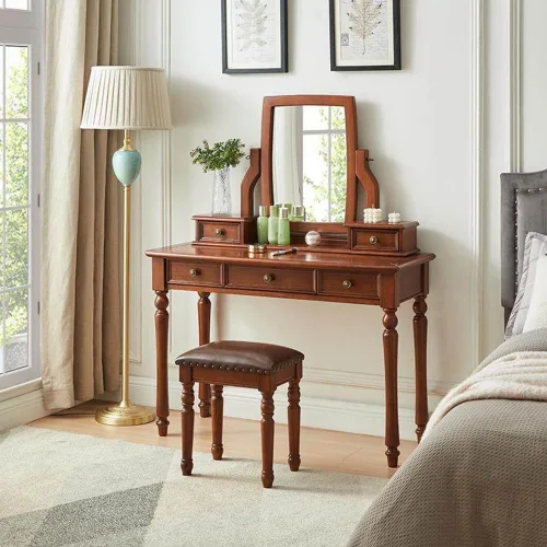 Miniatura 7 de 39.4in Vintage Vanity Desk with Adjustable Angle Mirror, Wooden Dressing Table Set for Bedroom with 5 Drawers, Cushioned Stool