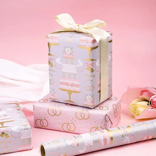 Miniatura 6 de WRAPAHOLIC Rollo de papel reversible para envolver bodas, mini rollo, 17 pulgadas x 33 pies, diseño floral de pastel y anillo, perfecto para bodas