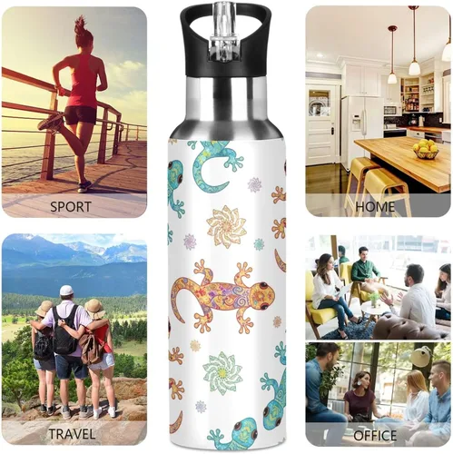 Miniatura 5 de Insulated Stainless Steel Water Bottle with Straw 20 Oz, BPA-Free Sports Water Bottle for Gym Outdoor Travel School, Funny Geckos Print
