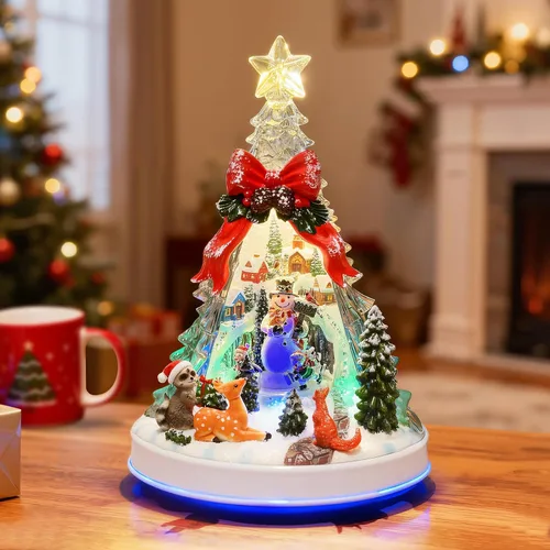 Miniatura 11 de Figuras musicales animadas de pueblo navideño de 6.3 pulgadas con muñeco de nieve giratorio de esquí y luces, temporizador automático de 6 horas