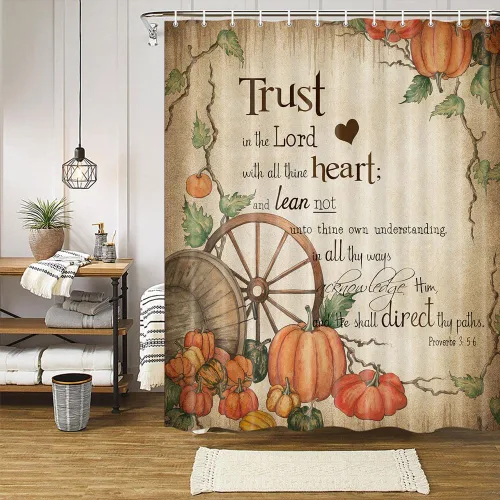 Miniatura 2 de Wathon Cortina de ducha con versículo bíblico, decoración de baño de otoño, cita de las Escrituras cristianas con calabaza de cosecha de otoño, Retro
