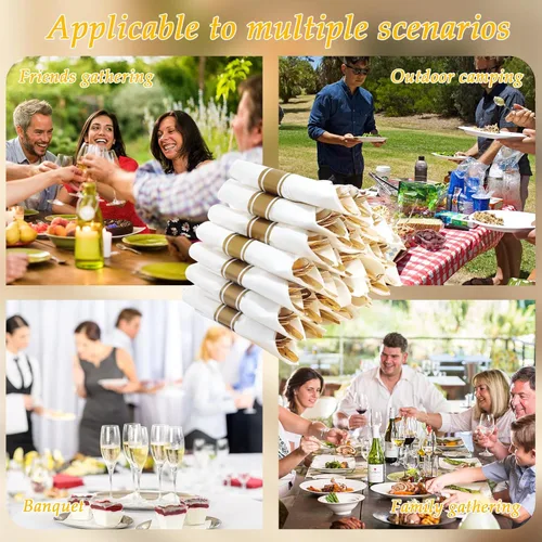 Miniatura 6 de Supernal Juego de 120 cubiertos de plástico dorado envueltos con servilleta, servilletas preenrolladas con juego de cubiertos, cubiertos enrollados