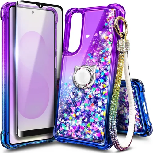 Miniatura 10 de Funda compatible con Samsung Galaxy S24-FE Aqua/Purple Funda líquida flotante con purpurina linda con protector de pantalla de vidrio templado