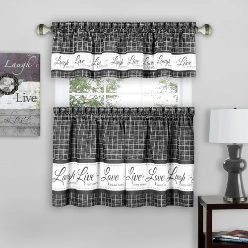 Miniatura 10 de Juego de cortinas con cenefa y volante para ventana - 58 pulgadas de ancho, 36 pulgadas de largo - Vive, Ama, Rie (Amarillo) - Cortinas de filtrado