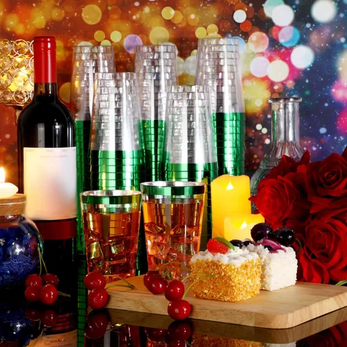 Miniatura 5 de Patelai 100 piezas de vasos de plástico verdes de 12 onzas, vasos de plástico con borde verde resistentes, vasos desechables para vino, vasos