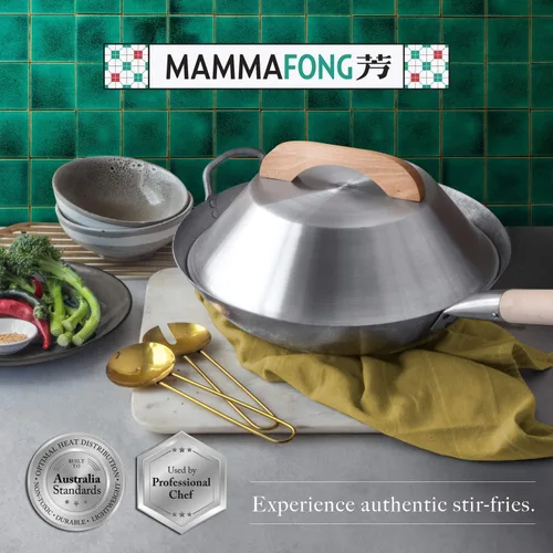 Miniatura 8 de Wok de fondo redondo con tapa, juego de wok martillado a mano, wok y wok de acero al carbono de 14