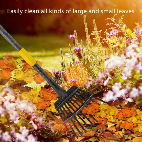 Miniatura 7 de Oliynedy Rastrillo de jardín de metal ajustable para hojas, mango largo de 30 a 60 pulgadas, 11 dientes de 9 pulgadas de ancho, rastrillo plegable
