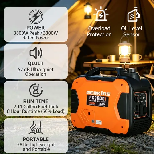 Miniatura 3 de Genkins Generador portátil de inversor de 3800 vatios ultra silencioso listo para RV, de emergencia, para respaldo en el hogar, recreación, etc. A