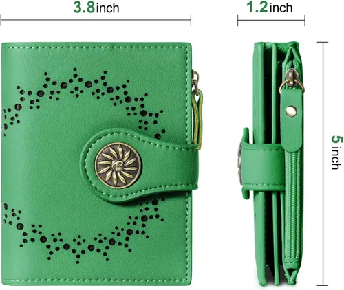 Miniatura 7 de Tipmile Billeteras pequeñas de cuero para mujer, con 2 ventanas de identificación, con bloqueo RFID, tarjetero con cremallera y bolsillo para Verde
