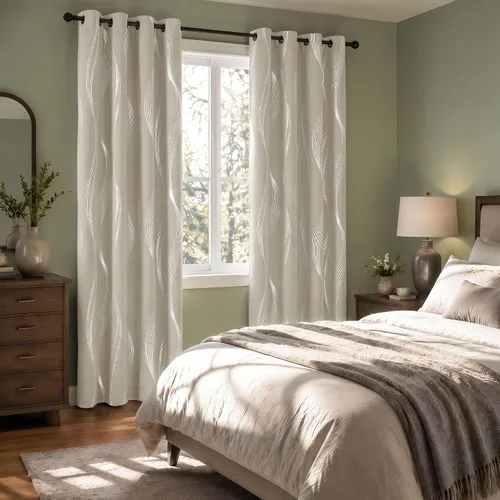 Miniatura 6 de Deconovo Beige Blackout Curtains 42" W x 45" L - Silver Wave Foil Print Thermal Insulated Grommet Curtain Panels for Bedroom, Set of 2 (6 Grommets)