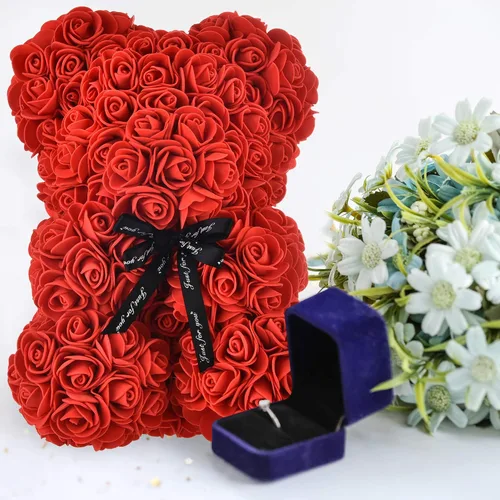 Miniatura 6 de oso de peluche hecho de rosas, diseño de rosas en cada oso, perfecto para aniversario, incluye caja de regalo transparente 10 pulgadas.