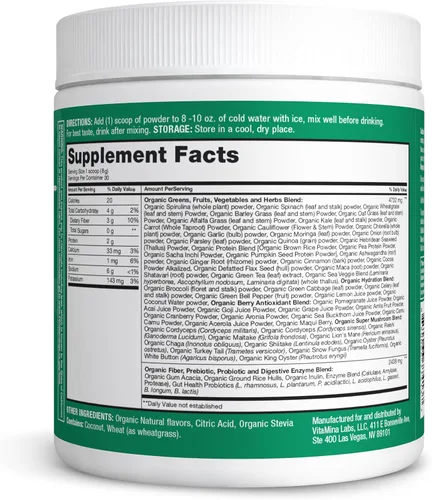 Miniatura 8 de Zena Nutrition Polvo de Súper Verdes Orgánico, Más de 70 Superalimentos, 0 Azúcar, 3G de Fibra, Espirulina, Chlorella, Hongos