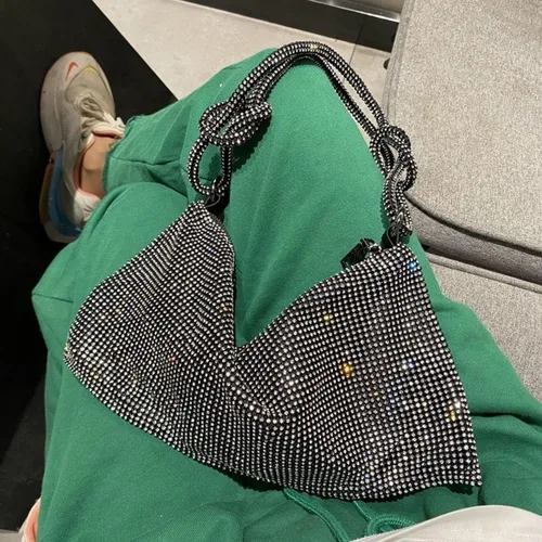 Miniatura 2 de Bolso Hobo con diamantes de imitación para mujer, elegante bolso de noche brillante plateado con diamantes de imitación, bolso dorado