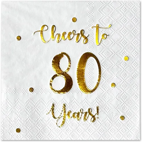 Miniatura 10 de Servilletas de cóctel de Cheers to 80 años, decoraciones de feliz cumpleaños n.° 80 para hombres y mujeres, decoraciones de fiesta de aniversario