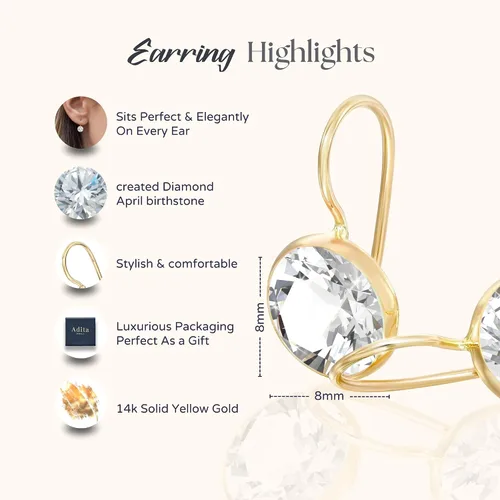 Miniatura 6 de 14k Solid Yellow Gold Gemstone Earrings - Birthstone Earrings - 8mm Dangle Earrings, Dainty Gemstones Earrings, Bridal Handmade Wedding Jewelry Gift