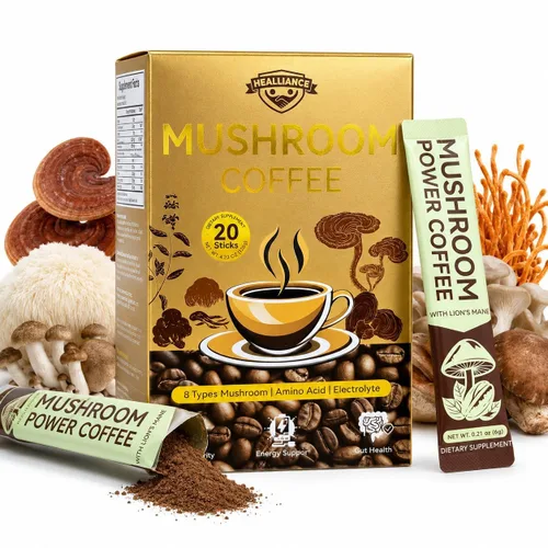 Café orgánico de hongos, 20 barras de café instantáneo de hongos con mezcla de 8 hongos, aminoácidos y electrolitos, bebida de hongos de café para