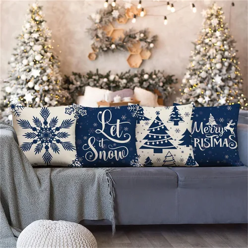 Miniatura 5 de Juego de 4 fundas de almohada de Navidad de 16 x 16 pulgadas, decoración de Navidad azul, copos de nieve, árbol de Navidad, decoración de invierno