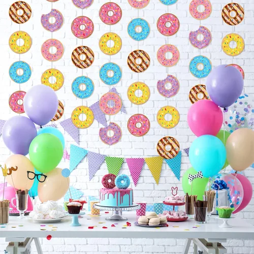 Miniatura 3 de 8 pancartas de dona para fiesta de cumpleaños, suministros de dona, decoración de dona, fiesta, colgante, remolino, recortes, kit de guirnalda