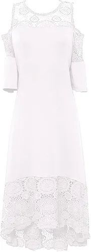 Miniatura 5 de MOBCTG Vestidos negros de talla grande, vestido de moda para mujer, con costuras de encaje con volantes, manga corta, sin tirantes, vestido