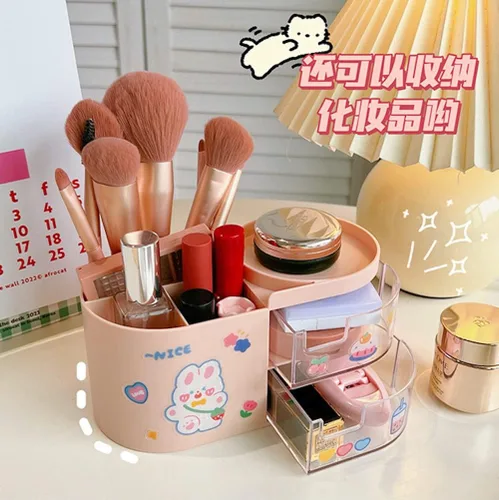 Miniatura 7 de Organizador de escritorio Kawaii con cajones para adolescentes y niñas, lindo organizador de escritorio Kawaii con calcomanías, suministros Rosa