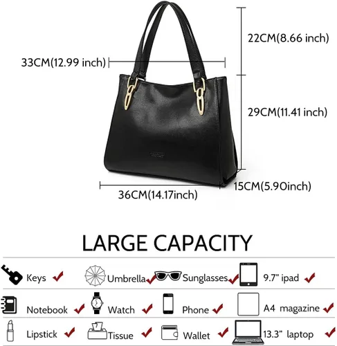 Miniatura 2 de Bolso de mano de cuero genuino para mujer, bolso de mano grande de trabajo con asa superior, bolso de hombro para mujer, 02 negro