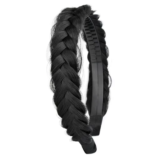 Miniatura 38 de Ancho de 1.5 cm Banda de pelo sintético trenzada estrecha con dientes para mujeres y niñas (Negro)