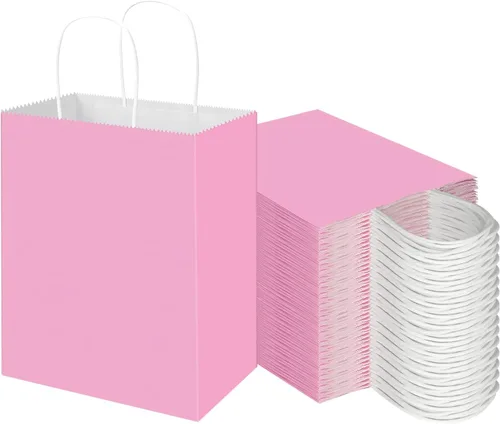 Miniatura 9 de Toovip Paquete de 100 bolsas de papel kraft de 8 x 4.75 x 10 pulgadas, medianas de color marrón liso con asas, a granel, bolsas de envoltura