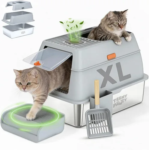 Miniatura 10 de Caja de arena XL de acero inoxidable para gatos con recinto y recogedor de excrementos, caja de arena duradera de metal negro para gatos grandes