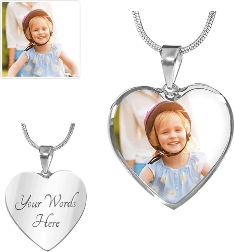 Collar de corazón de plata con foto personalizada pon tu imagen favorita en esta joyería con tu mensaje personalizado grabado como un regalo