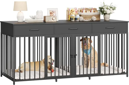 HOSTACK Mueble doble para perros, perrera de 71 pulgadas de ancho para interiores con 3 cajones, jaula de granja para perros para 2 perros Negro
