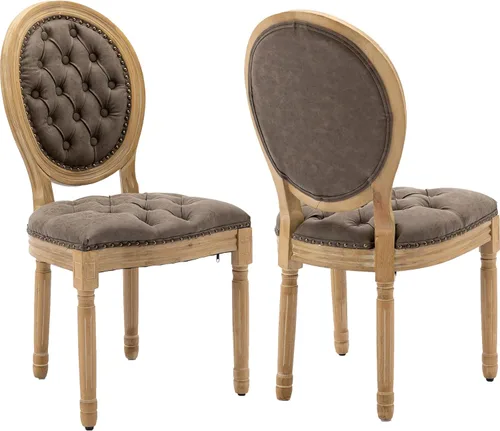 Miniatura 17 de Juego de 2 sillas de comedor de campo francés, sillas de comedor de madera de granja beige, silla de comedor con respaldo tejido con cojín tapizado