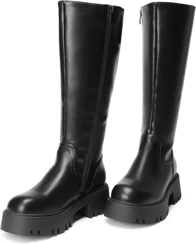 Miniatura 8 de DREAM PAIRS Botas altas hasta la rodilla, cómodas botas de plataforma gruesa con punta redonda y cremallera lateral para mujer