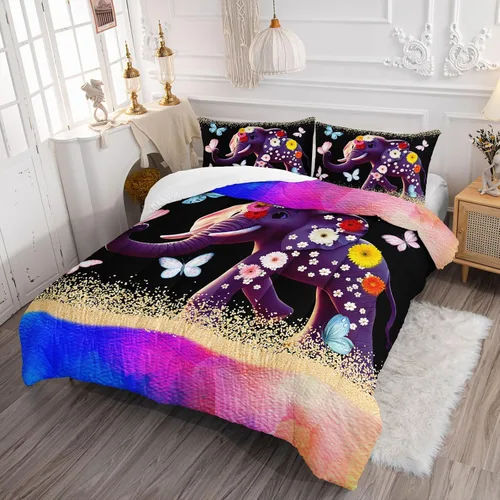 Miniatura 4 de Axolotl Juego de ropa de cama de elefante 3D, tamaño matrimonial, bonito juego de edredón de mariposa voladora, margarita, purpurina degradada
