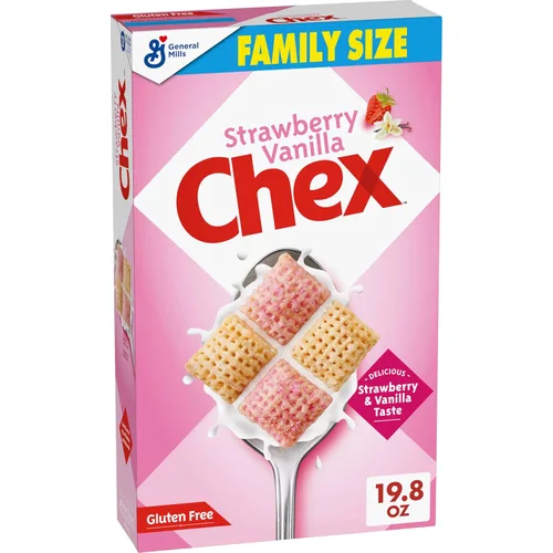 Cereal Chex de Fresa y Vainilla, cereal para el desayuno sin gluten, hecho con grano integral, tamaño familiar, 19.8 onzas