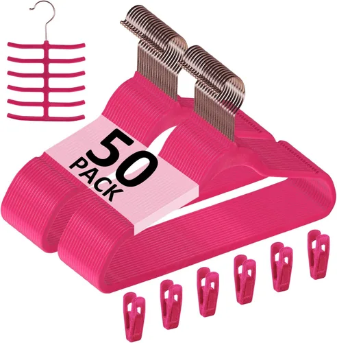 Miniatura 13 de VECELO Perchas de terciopelo de alta calidad resistentes (paquete de 60), antideslizantes y ahorran espacio con 8 clips para los dedos y soporte