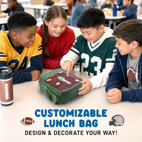 Miniatura 3 de Fit & Fresh Lonchera personalizable con dije para niños y niñas, lonchera infantil de fútbol con 6 dijes deportivos, bolsa de almuerzo reutilizable