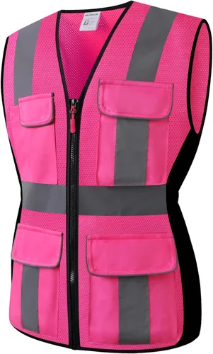 Miniatura 10 de Chaleco de seguridad para mujeres, chaleco de trabajo reflectante de alta visibilidad con 9 bolsillos múltiples y cremallera Negro
