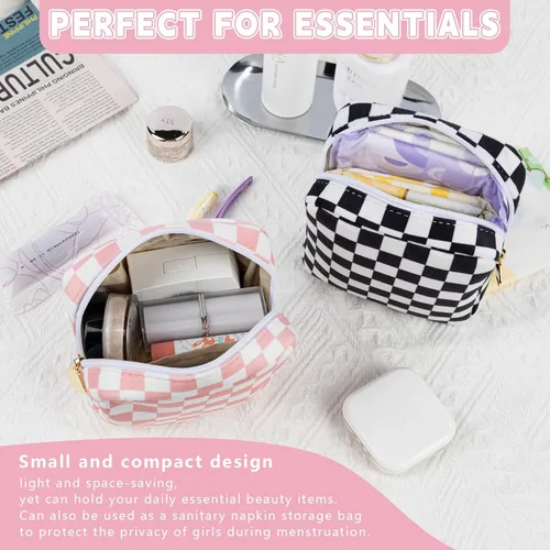 Miniatura 4 de Bolsa de maquillaje pequeña de 5.1 x 5.1 pulgadas para monedero, material flocado, mini bolsa de maquillaje de viaje con dos bolsillos internos