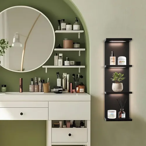 Miniatura 3 de VIWODS Estante de pared de 4 niveles con luces LED, estante flotante para decoración del hogar, estante vertical montado en la pared